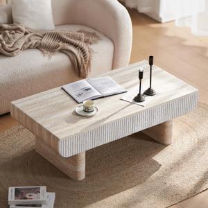 KEIKI 47" Coffee Table with Fluted Drawer, Oval Wood Coffee Table with Faux Marble Tabletop for Living Room or Office, Stylish Accent Table for Apartment or Studio, Beige Brown, 46.85" x 23.62" x 15.74"