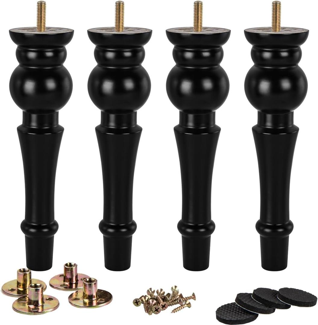 La Vane 11 inch / 28cm Wooden Furniture Legs, 4PCS Soild Wood Turned Spindle Black Replacement Spool Feet with Pre-Drilled M8 Inch Bolt & Mounting Plate for Couch Sofa Armchair Dresser Chest (Type #03-black)