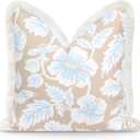 Hofdeco Premium Coastal Patio Indoor Outdoor Throw Pillow Cover Only, 20"x20" Water Repellent for Backyard, Couch, Tan Baby Blue Print Tropical Hisbucs Flowers
