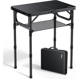 Anbte Folding Camping Table with Storage Net, Pure Black Aluminum 2ft Picnic Table 23.2" x 16" Outdoor Table Adjustable Height Max 27.5", Lightweight, Waterproof, Portable Handle for Travel Cooking