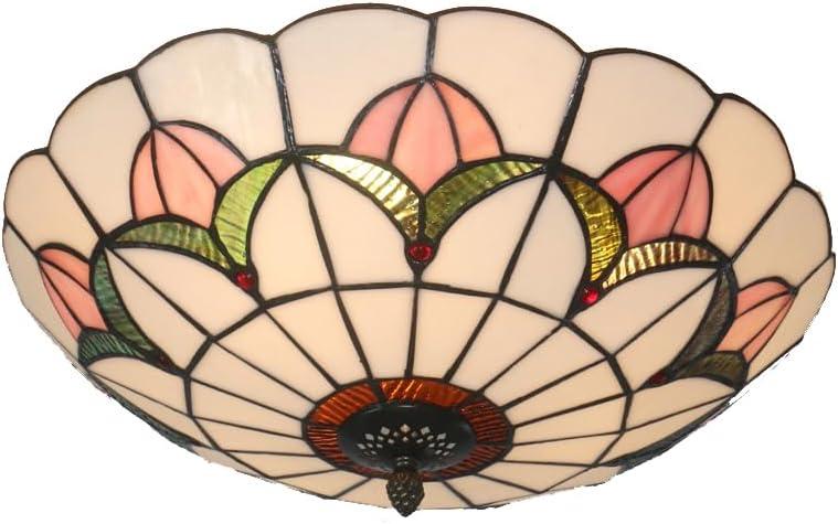 Tiffany Style Ceiling Light 16 Inch Stained Glass Flush Mount Ceiling Light for Bedroom Chandelier Vintage Pendent Light Fixtures (16 Inch White Pink)