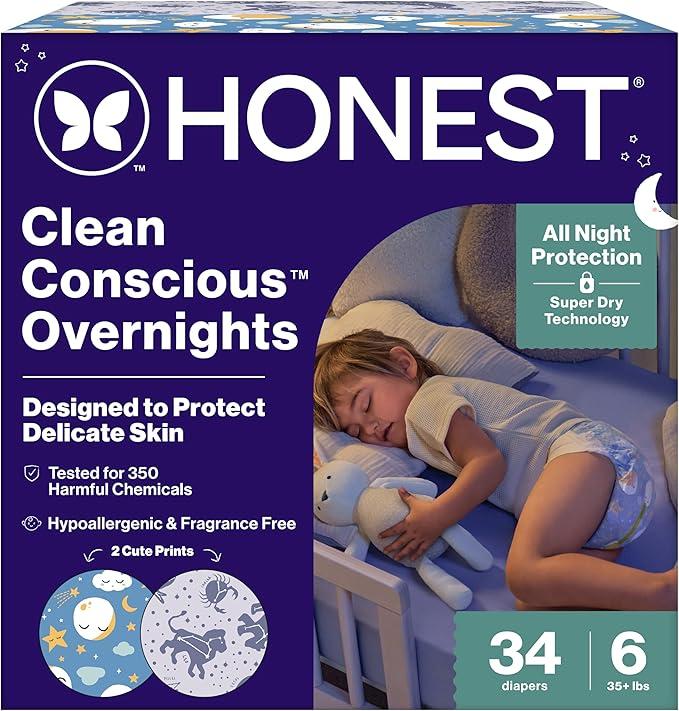 The Honest Company Comfort Dry Overnight Diapers, Up to 12 Hours Protection, Hypoallergenic, FragranceFree, Cozy Cloud + Star Signs, Club Box Size 6 (35+ lbs), 34 Count