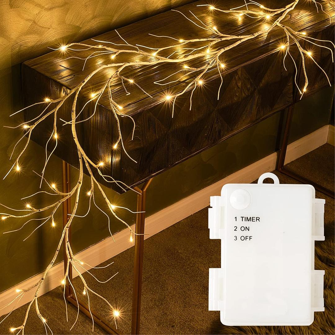 Fudios Lighted Birch Garland with Timer 48 LED Fairy Lights 6ft Battery Operated for Mantle Decor, Lit Christmas White Twig Garland Winter Home Wall Decoration Indoor Outdoor Use 1 Set