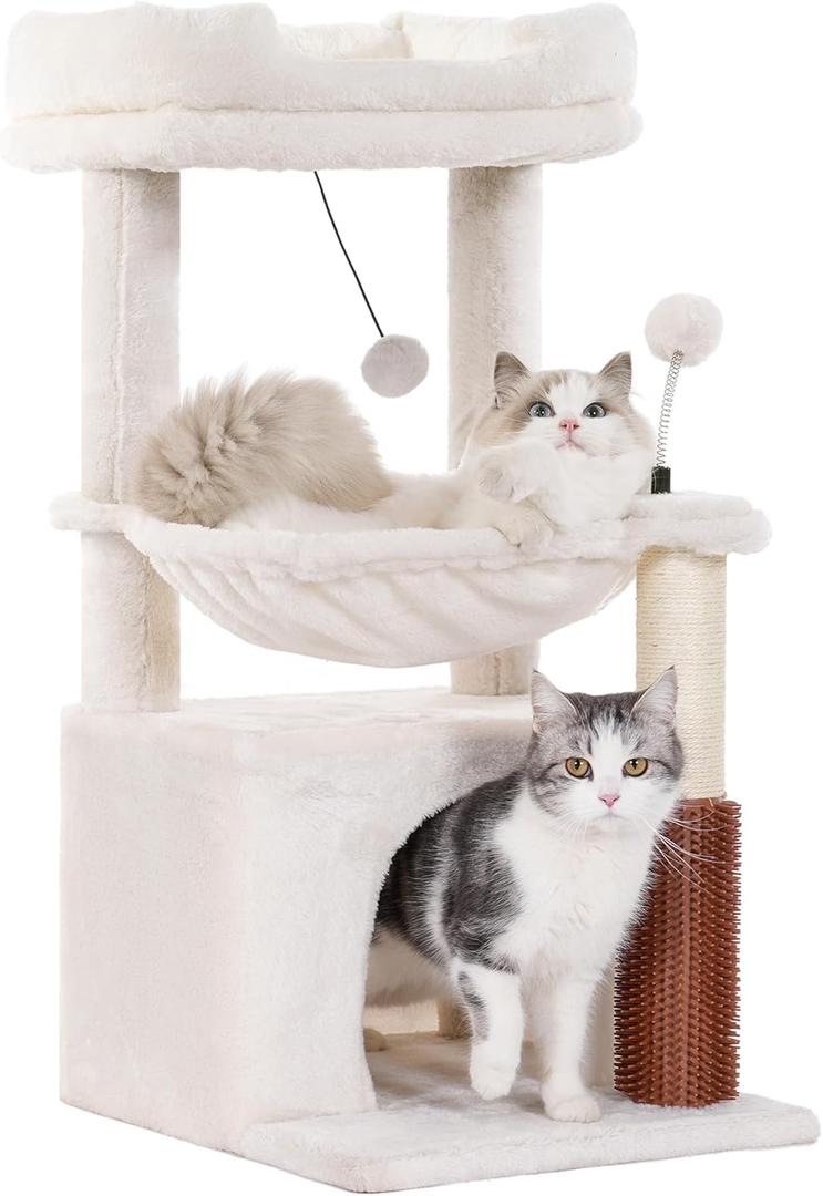 Cat Tree 32 Inches Small Cat Tree for Large Cats Adult Cat Tower with Scratching Post,15.7Large Hammock and Self Groomer, and Removable Top Perch and Wide Condo for Indoor Cats-Beige