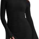 LAGSHIAN Women's Fall Long Sleeve Off Shoulder Trendy Ruched Stretch Bodycon Cocktail Party Flare Mini Dress (Black, M)