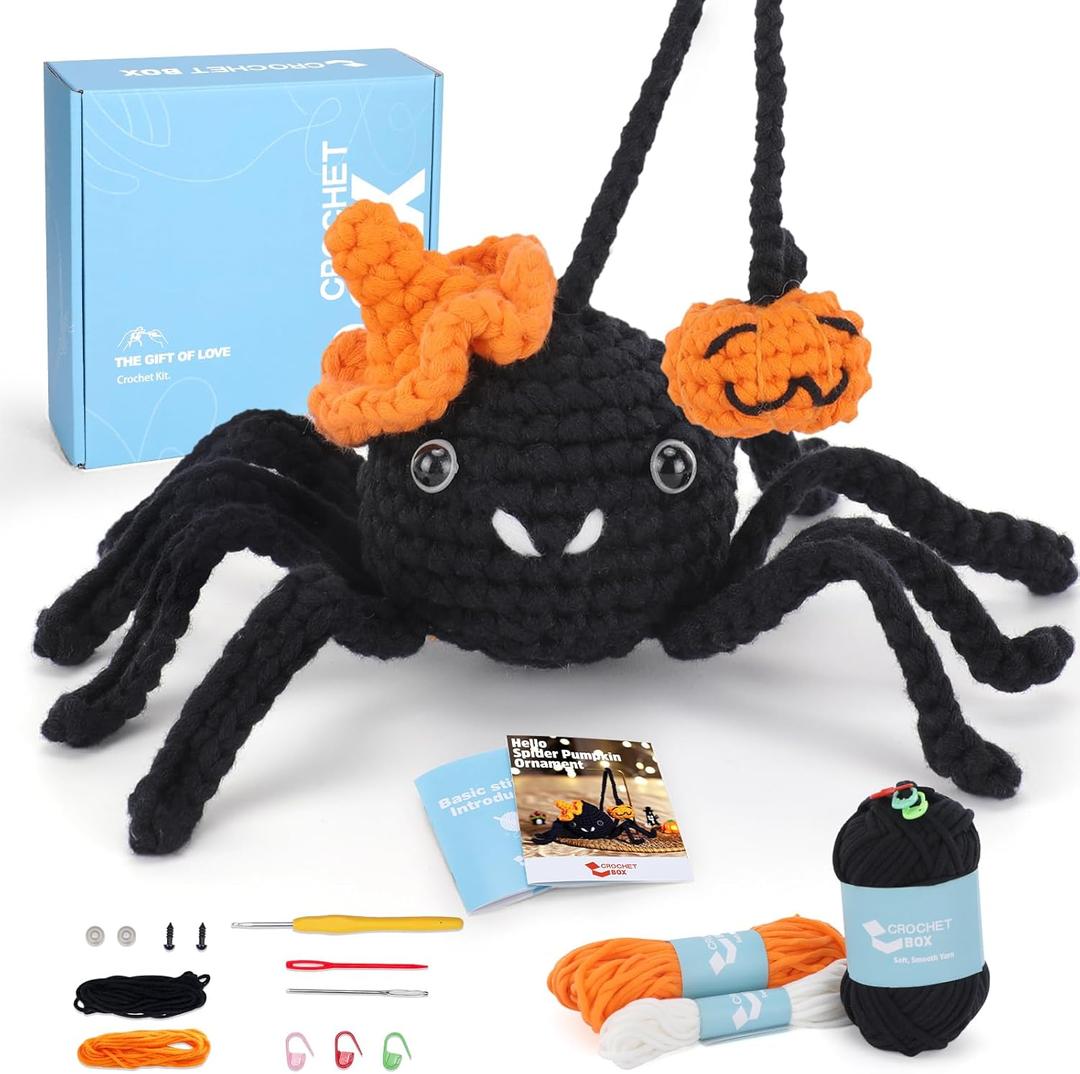 CrochetBox Crochet Kit for Beginners Adults - Halloween Spider and Pumpkin Hanging Starter Crochet Kits with Step-by-Step Video Tutorials and Yarns, Hooks, DIY Craft Gift for Adults and Teen