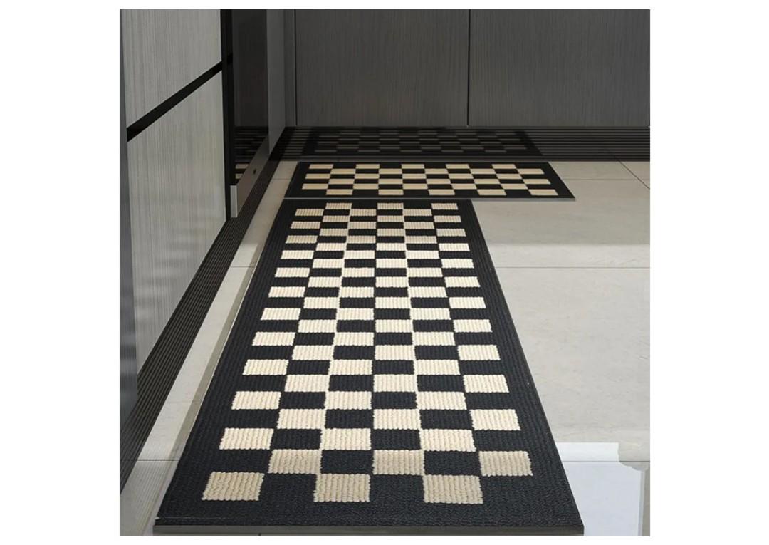 GIB Kitchen Mats for Floor Set of 2, Kitchen Rugs Non Slip/Skid Washable Runner Rugs, Stain Resistant Comfort Standing Mats for Kitchen Laundry Sink Decor, Black Cream Checkered
