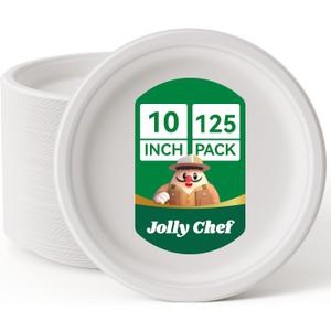 JOLLY CHEF Compostable Heavy Duty Plates [ ] Eco-Friendly Disposable White Paper Plates Made of Bagasse Biodegradable for Party Dinner Sugarcane Fibers Thanksgiving Day, 125 Count