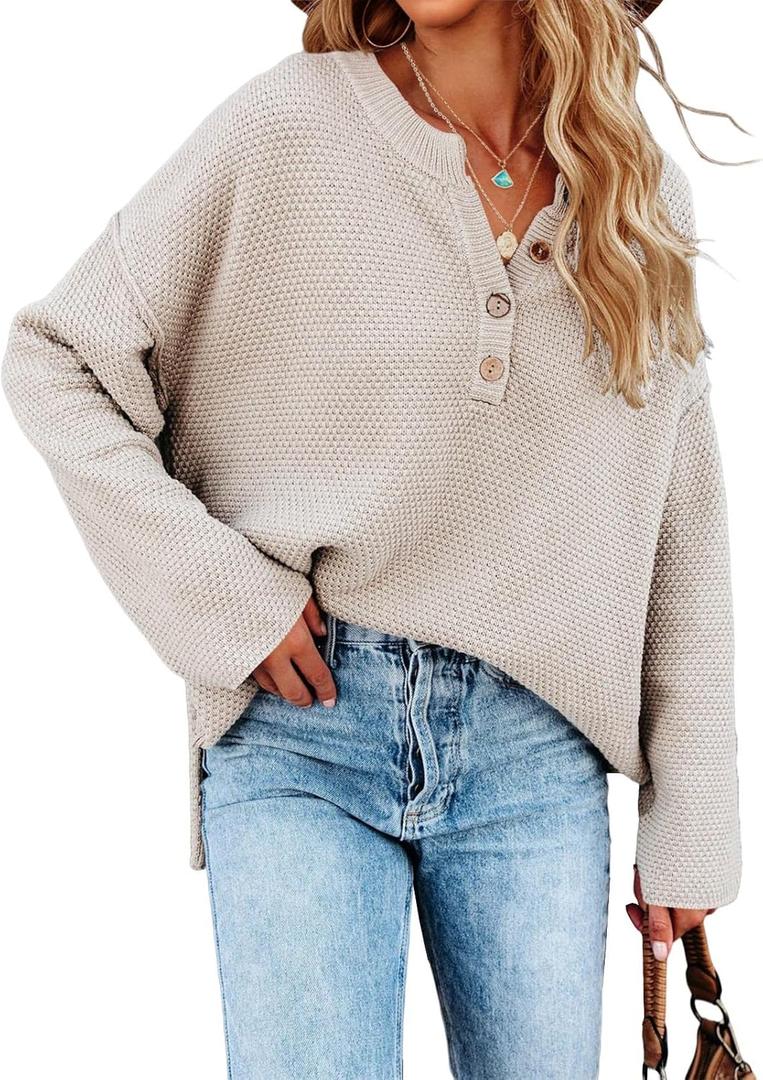 Saodimallsu Women's Oversized Sweaters Batwing Long Sleeve Loose V Neck Button Henley Tops Pullover Knit Jumper (Large)
