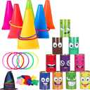 36PCS Carnival Games Combo Set 4 in 1 Bean Bag Toss Can Games Plastic Cone Ring Toss Game for Indoor Outdoor School Field Day Birthday Party Yard Game for Kids Adults