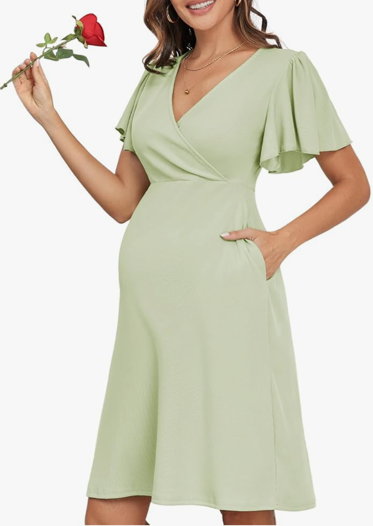 2024 Summer Maternity Nursing Dress Pockets Baby Shower Wedding Guest Pregnancy Short Ruffle Sleeves A-line Midi, S