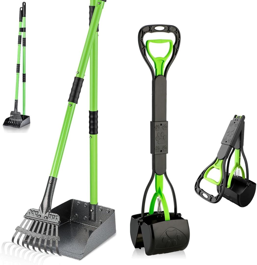 MXF Dog Pooer Scooper Set, 2 in 1 Pet Poop Scooper with Long Handle 28" Dog Poop Picker Upper and Stainless Metal Tray & Rake for Medium & Small Dogs, Heavy Duty for Grass, Dirt, Gravel