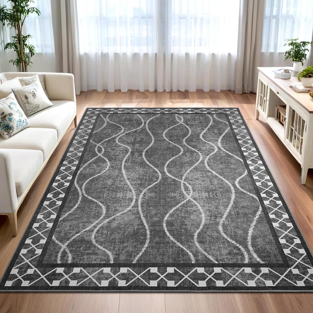 Washable Area Rugs 8x10, Non-Slip Rugs for Living Room Bedroom, Low Pile Large Soft Alfombras, Modern Bordered Home Floor Rugs for Kids Playroom Office Dining Room Farmhouse, Dark Grey