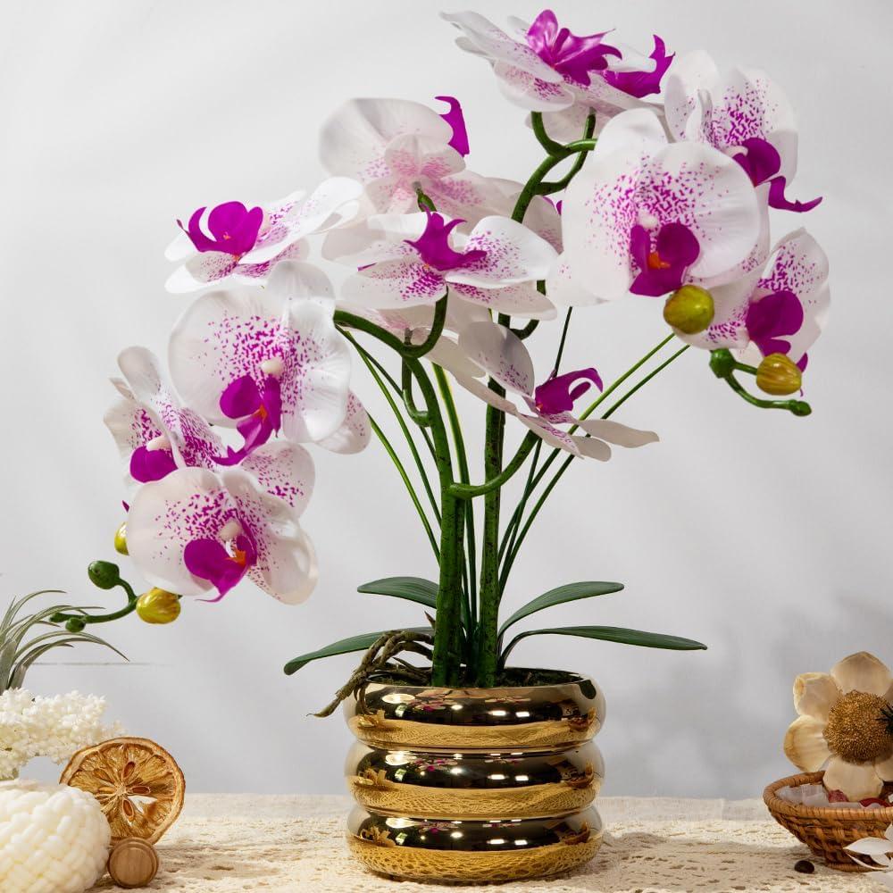 Artificial Orchids Flowers with Vase for Table Centerpieces, Real Touch Faux White Orchid Phalaenopsis in Ceramic Vase for Home Wedding Kitchen Decoration (Gold Vase, White Purple)
