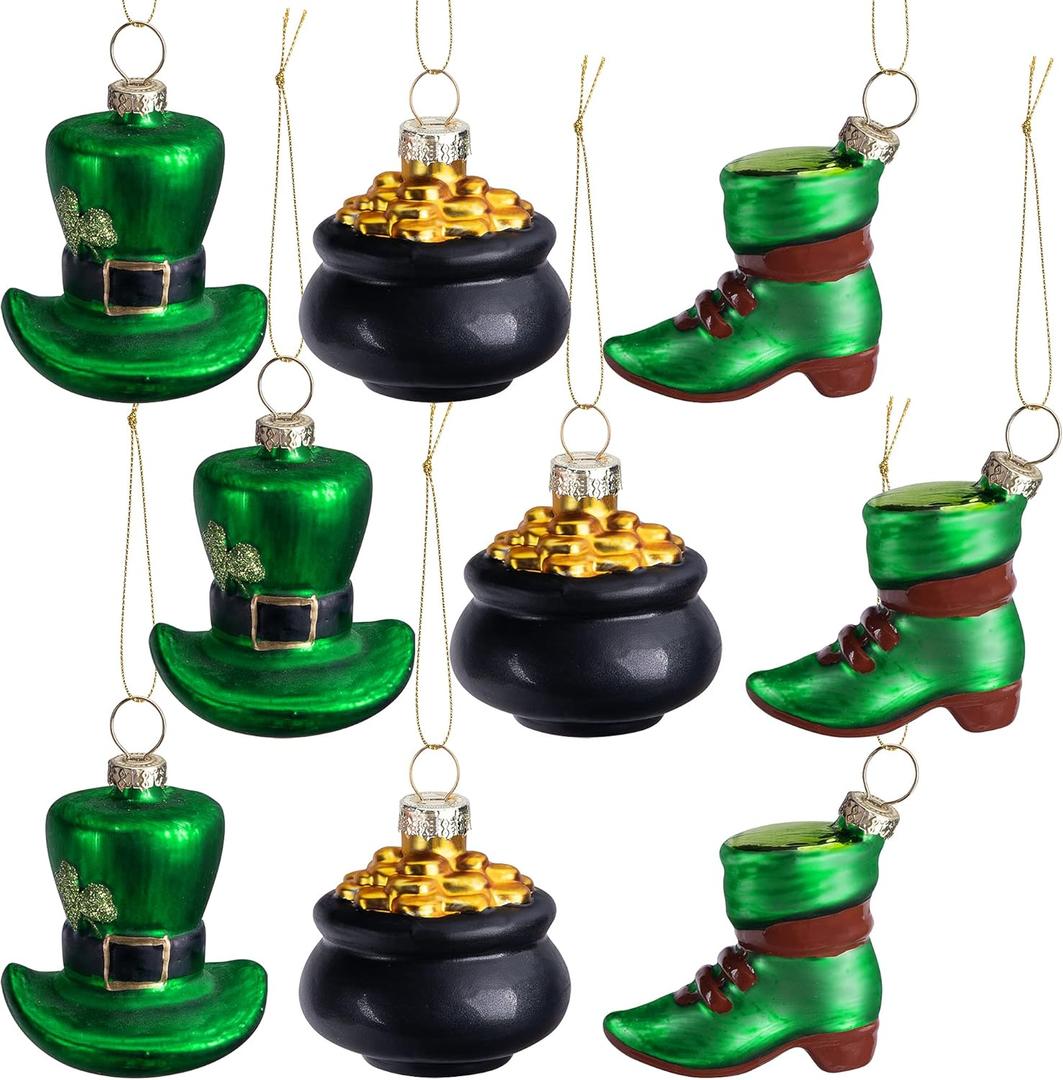 9 PCS St.Patrick's Day Glass Ornaments-Irish Tree Glass Blown Ornaments-St. Patrick Glasses Green Top Hat Hanging Ornaments-Irish Tree Ornament for Spring St.Patricks Day Ireland Party Decoration