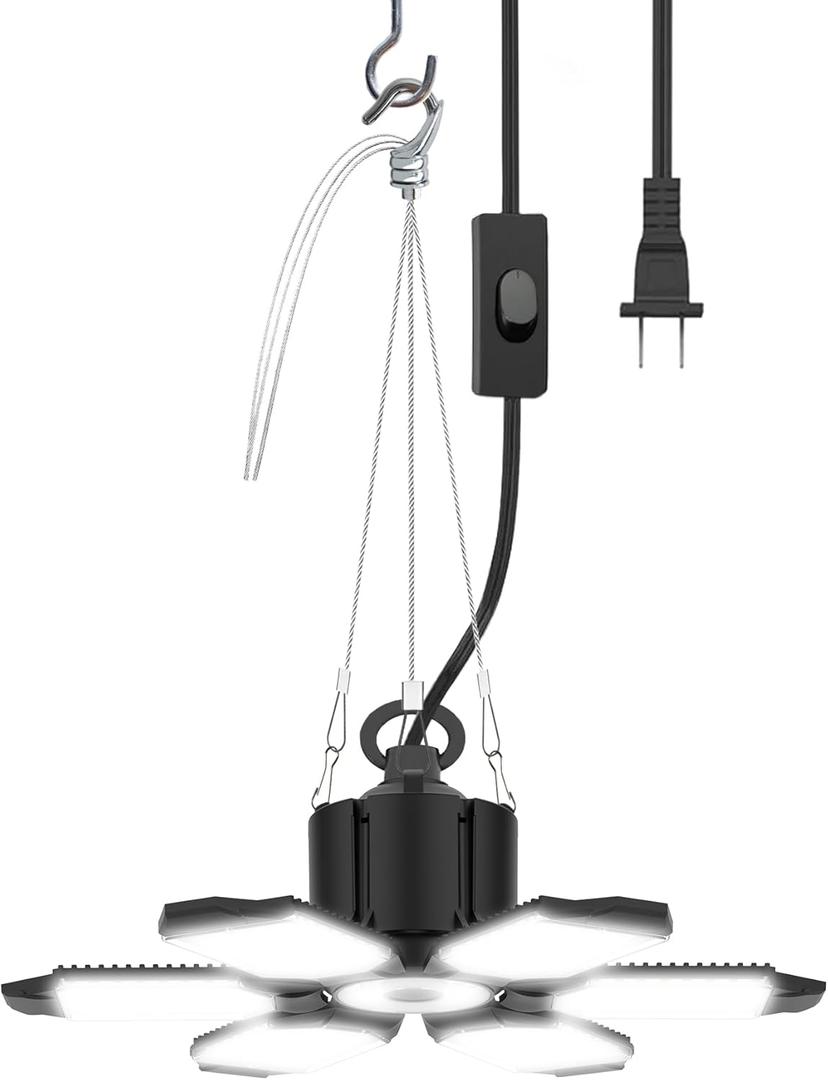 Linkable LED Shop Light with 6 Deformable Panels, 150W 6000K Plug in Garage Ceiling Lights, Hanging LED Garage Lights for Warehouse Barn Basement - 9.84ft Power Cord with On/Off Switch & US Plug