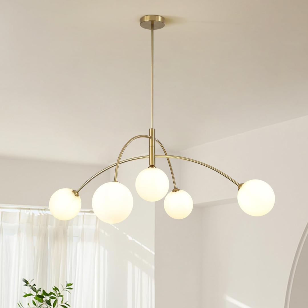 Contemporary Gold Ceiling Light 5-Light Glass Globe Lights Mid Century Modern Sputnik Chandelier for Dining Room Kitchen Bedroom Lighting Fixture