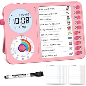 3-in-1 Visual Timer & ADHD Tool for Kids ADHD Task Timer for Adults with Visual Schedule, Chore Chart & Planning Board for Home, School, Classroom, Work (Pink)