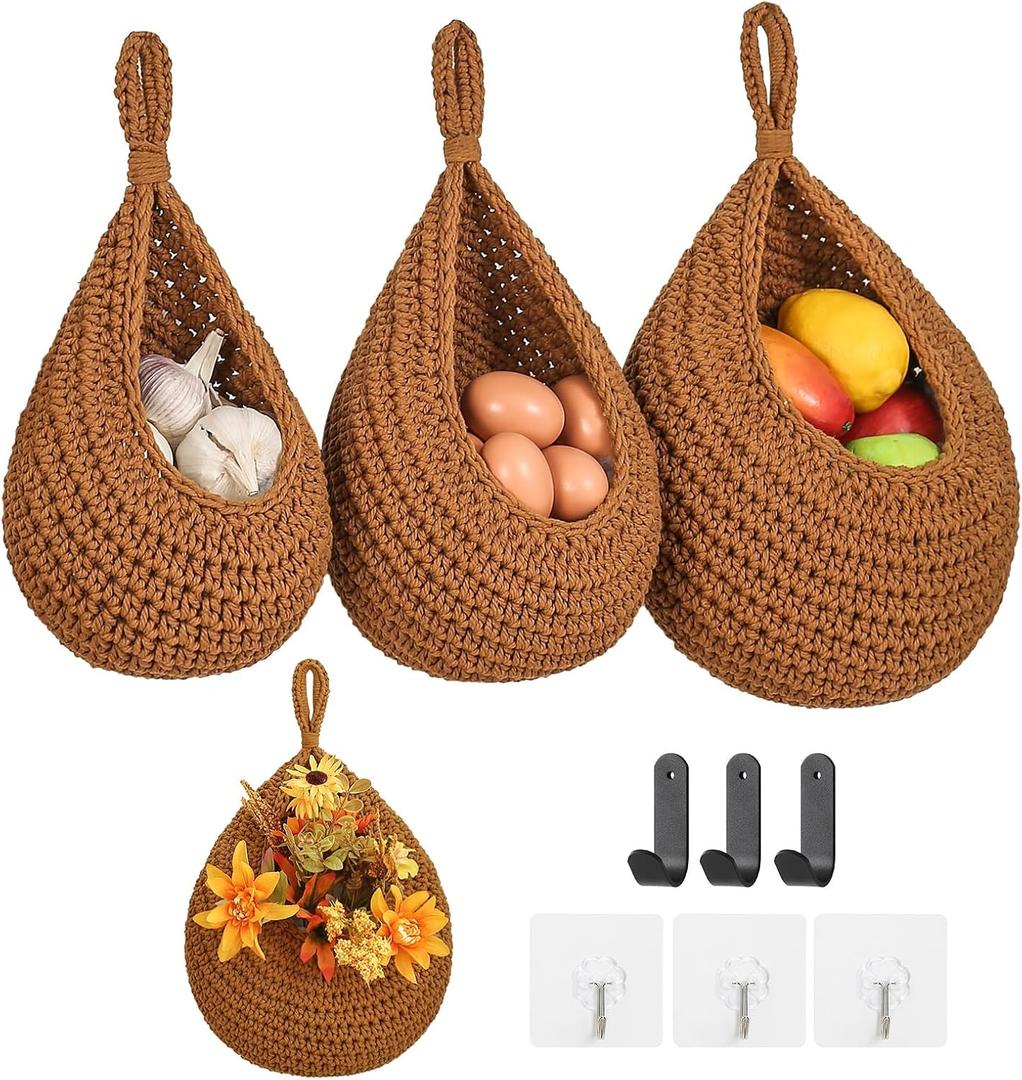 Boho Wall Hanging Fruit Baskets for Kitchen 3 Pack Woven Produce Holder with 6 Pcs Strong Hooks Vegetable Hanging Basket for Organizing Teardrop Home Wall Potato Onion Storage, Caramel
