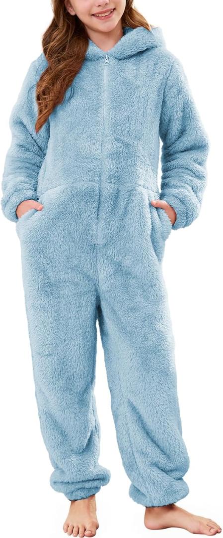 Flygo Girls Fleece Jumpsuits Fuzzy Hooded Rompers Kids Zip up Onesie Romper Costume Warm Winter Clothes 5-14 Years (Blue, L)