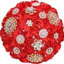 Red Handmade Wedding Bridal Bouquet with Luxury Gold Rhinestone Brooch Satin Rose Flower Bouquet for Bride Bridesmaid Quinceanera Wedding Bouquet Red 7.5in (Medium (DIA. 7.5"/19cm))