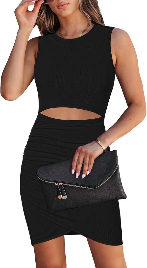HUUSA Women's Crewneck Sleeveless Cutout Bodycon Mini Dress Casual Summer Slim Fit Cocktail Party Wrap Short Dresses Outfits (Black, S)