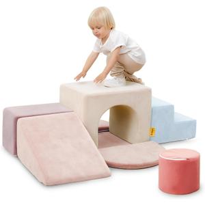 Kids Climbing Foam Blocks Playset - 7 Piece Toddler Climbing Toys, Indoor Gross Motor Development Montessori Gross Motor Toy for Babies & Toddlers (Pink & Blue)