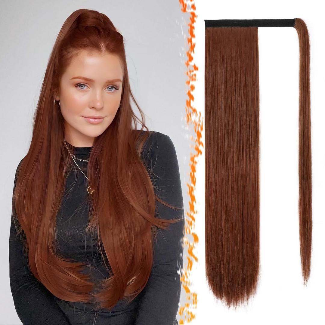 BARSDAR Auburn Straight Ponytail Extensions - 26 Inch Long Straight Wrap Around Ponytails for Women, Clip in Ponytail Hair Extensions Synthetic Pony Tails Hairpieces - Medium Auburn