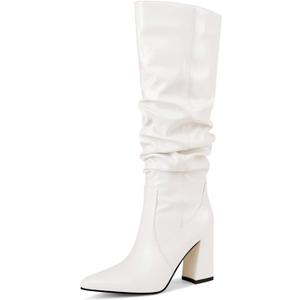 Women's Knee High Boots Pointed Toe Chunky Block Heel Boots Fashion Slouchy Fall Boots For Women (9, White)