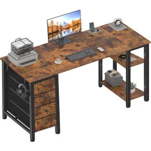 Lufeiya 63 inch Computer Desk with 4 Fabric Drawers & Storage Shelves, Writing Work Study Desk for Home Office Bedroom, Modern Simple Student PC Desks Table, Rustic Brown