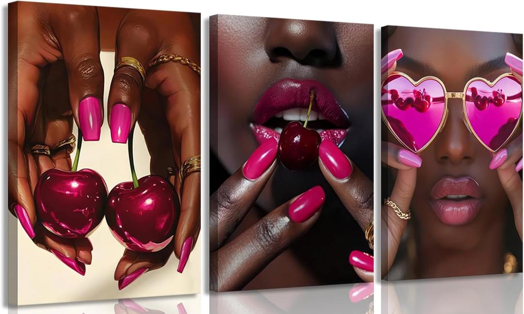 OCRXLYTH 3Pcs Black Girl Cherry Canvas Wall Art Prints African American Black Woman Wall Decor Fashion Pink Nail Pictures Cherry Painting for Living Room Bedroom Home Decoration 16x24in