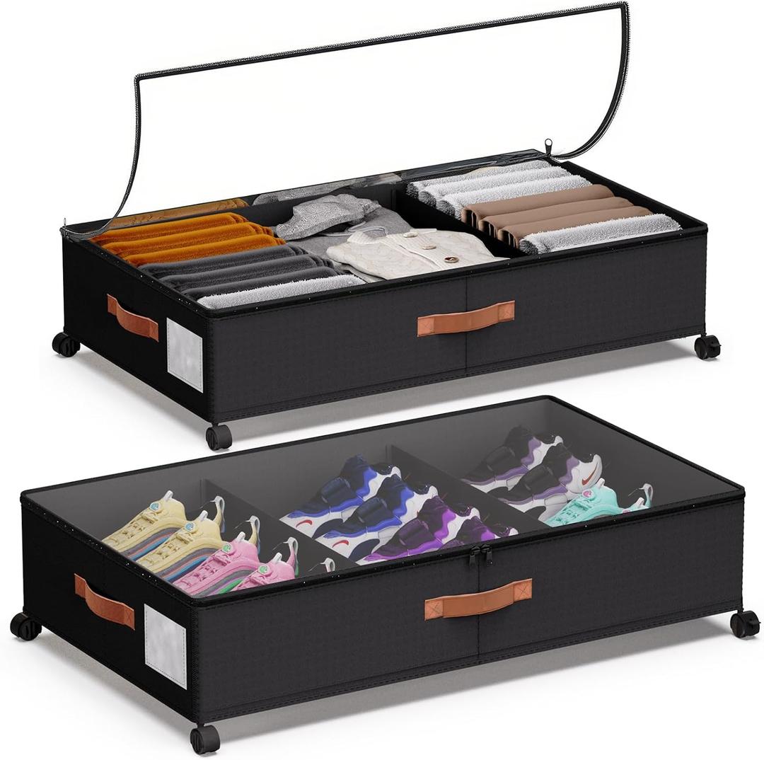 Under Bed Storage 2 Pack 66L, Rolling Containers with Wheels, Heavy Duty Metal Frame, 600D Oxford Fabric, Clear Lid, Adjustable Dividers for Clothes Shoes Blankets, Dorm Space Saving, Black