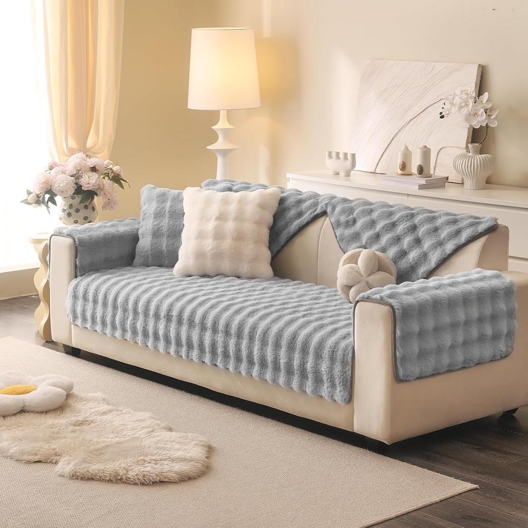 Soft Plush Faux Fur Couch Cover, Thick Warm Fuzzy Sectional Sofa Covers for 3 Cushion Couch Sofa Non Slip Slipcover, Furniture Protector Covers for Pets(1 PCS 36"x94" Light Grey)