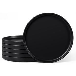 E-far Dinner Plates Set of 6, 10.5 Inch Stoneware Dinner Plate with Raised Edges, Chip & Scratch Resistant | Microwave & Dishwasher Safe Modern Ceramic Dishes for Dessert Salad, Matte Black