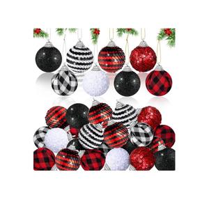 48Pcs 1.6in Christmas Balls Ornaments, Christmas Tree Hanging Ornaments, Glitter Rustic Red White Black Ball Fabric Shatterproof Ball with Hanging Rope
