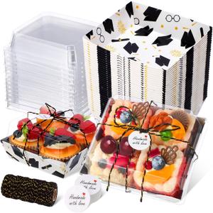 Outus 100 Pack Graduation Party Treat Box Charcuterie Boxes with Clear Lids, 5.7 x 5.1 '' Paper Food Containers White Take out Bakery Boxes Gift Tags Rope for Desserts Graduation Party Supplies