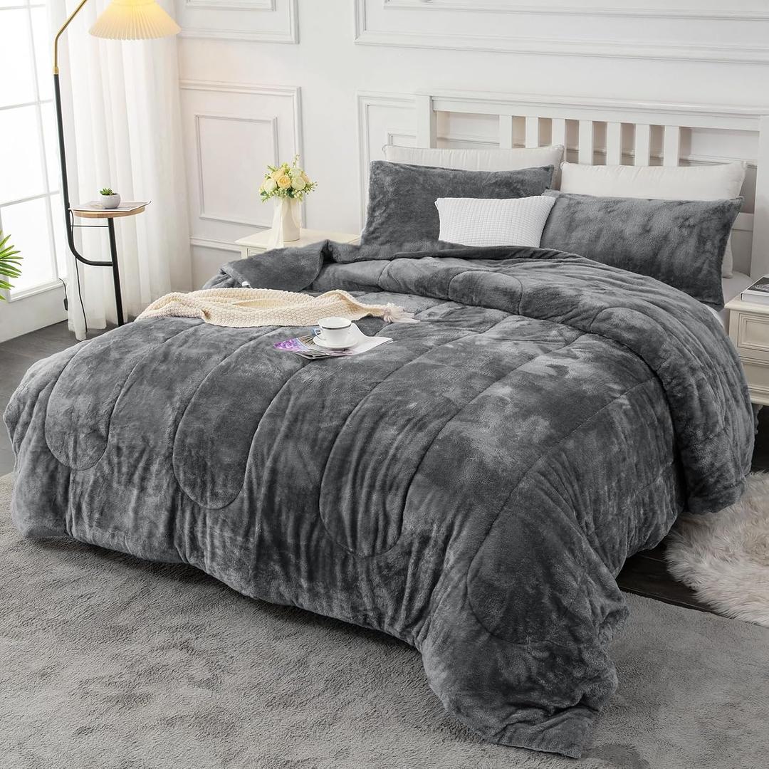 YIYEA Fluffy Queen Size Comforter Set, Luxury Faux Fur Comforter, Ultra Soft Plush Fuzzy Velvet Bedding Comforter Sets for Fall Winter, Cozy Warmth, No Shedding, 3PC, Queen, Dark Grey