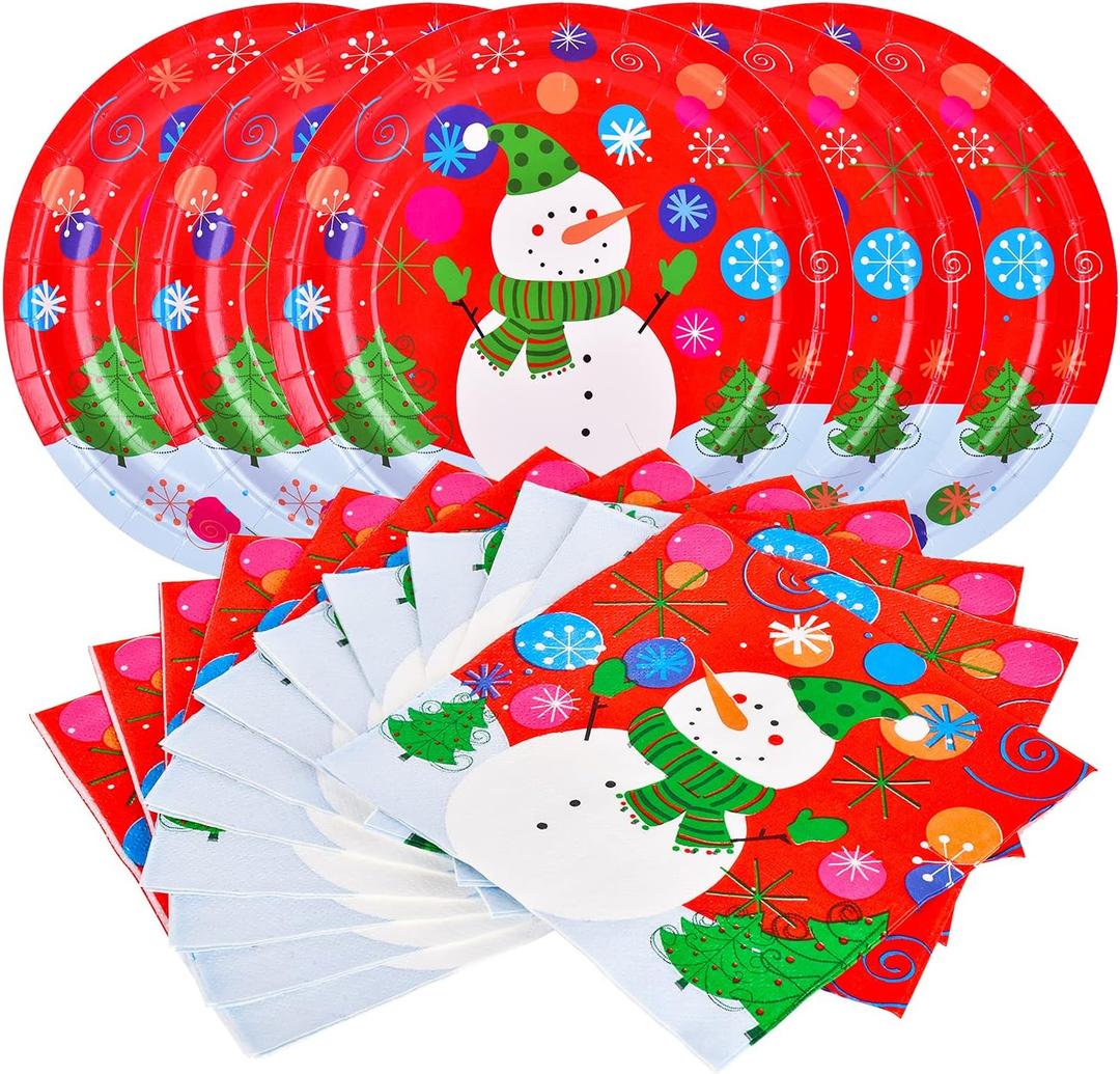 Gatherfun Christmas Party Supplies Christmas Snowman Disposable Paper Dinner Plates and Napkins for Party decorations, Serve 20