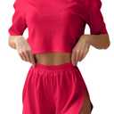 Remidoo Women's Short Sleeve T Shirts And Shorts Side Slit Crewneck Pajamas Set Red Small (S)
