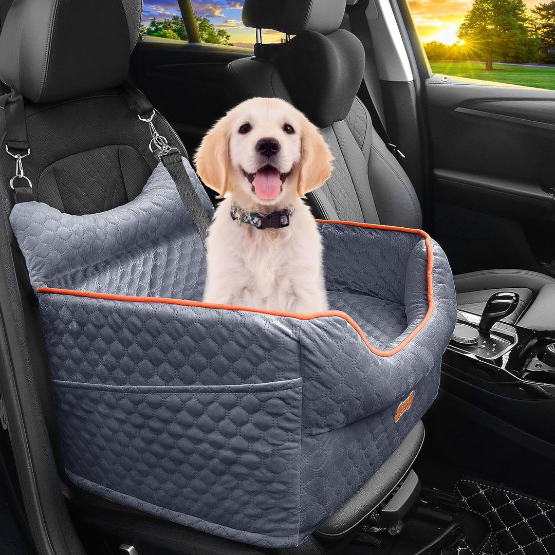 Dog Car Seat for Small Dogs Up to 25 lbs with 6-Inch Memory Foam Cushion | Elevated Booster Seat with Safety Belts, Storage Pockets and Removable Washable Cover for Front or Back Seats, Grey