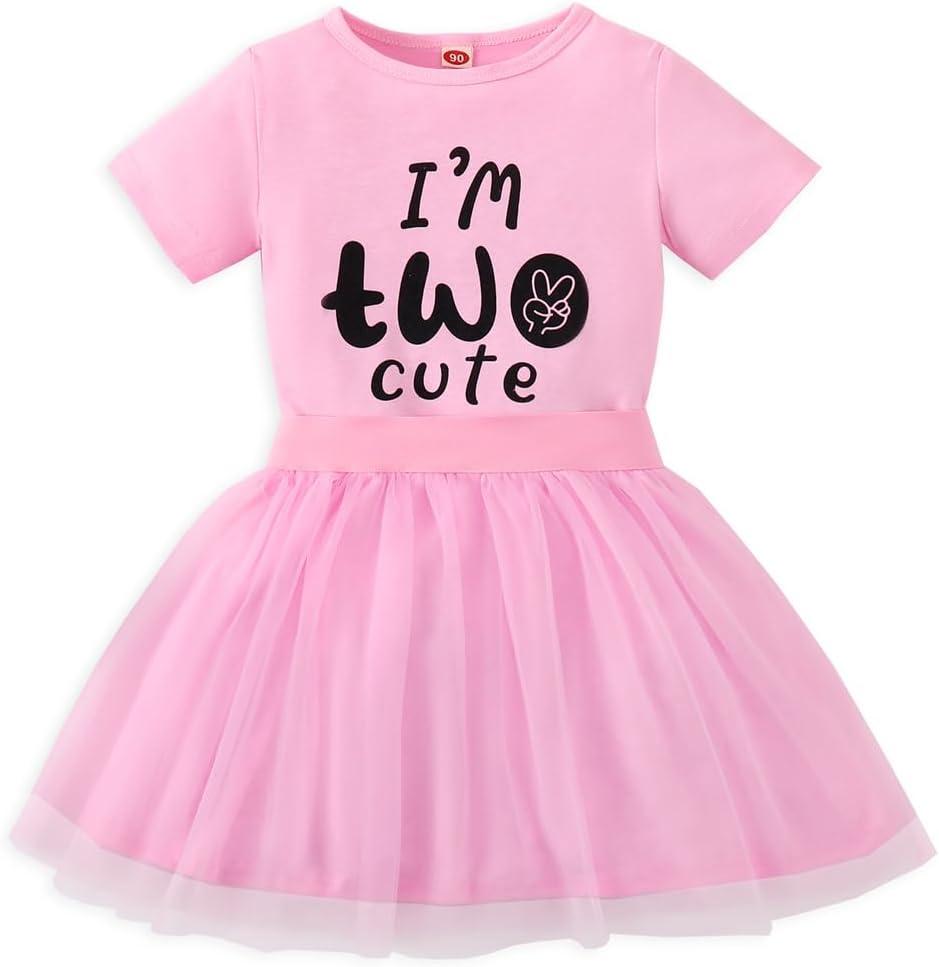 Toddler Girl 2nd Birthday Outfits,Im Two Cute Shirt+Tutu Skirt,Girl 2 Years Old Birthday Clothes (Pink, 90)