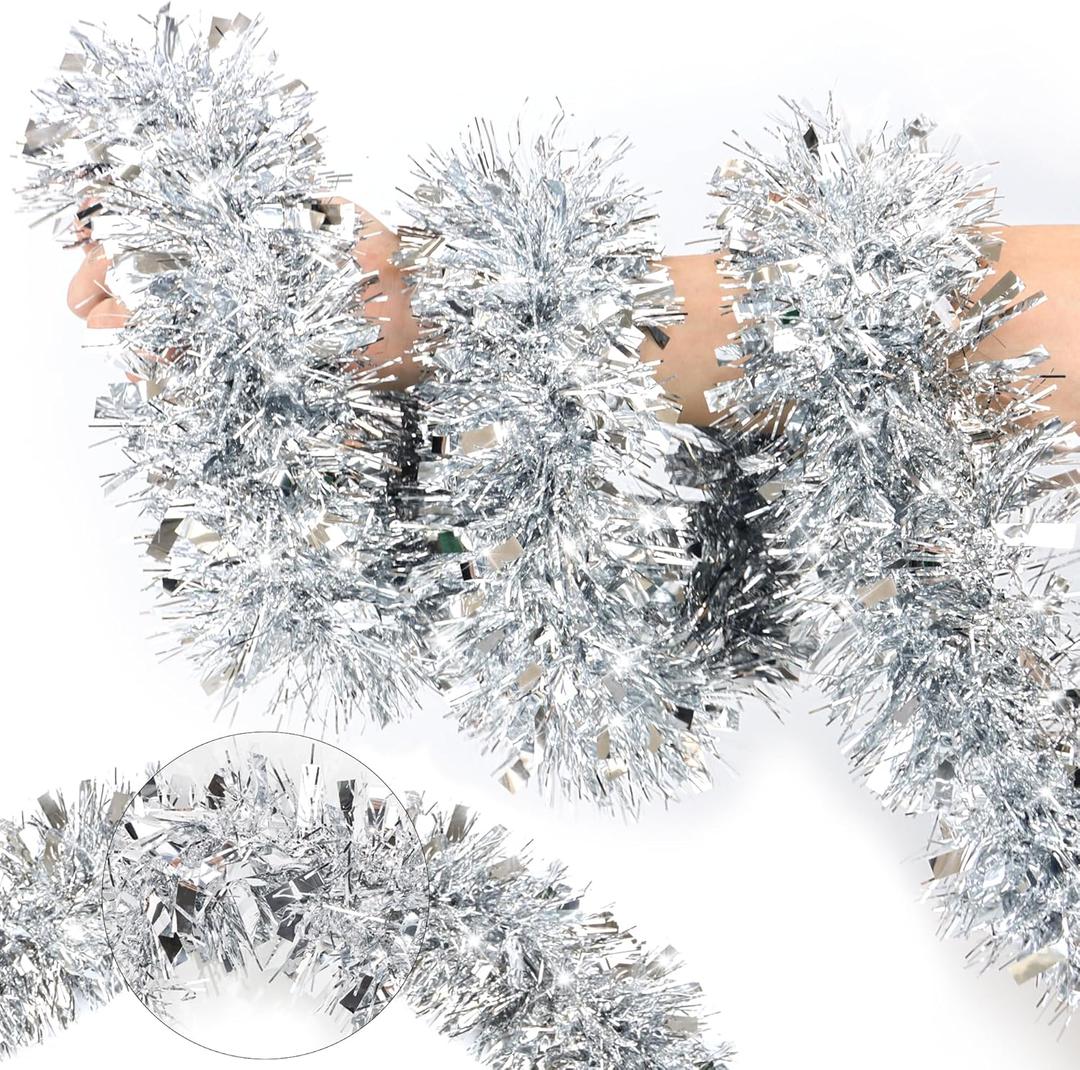 50FT Silver Christmas Tinsel Garland Metallic Twist Xmas Garland for Christmas Tree Decorations Holiday Hanging Garlands for Mantel Staircase Indoor Outdoor Home Office Class Party Holiday Decor
