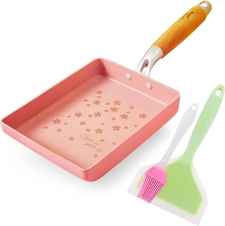 ROCKURWOK Tamagoyaki Japanese Omelette Pan, Nonstick Tamagoyaki Egg Pans, Rectangle Tamago Pans Small Frying Pan with Silicone Spatula Brush, 7” x 5”, Pink