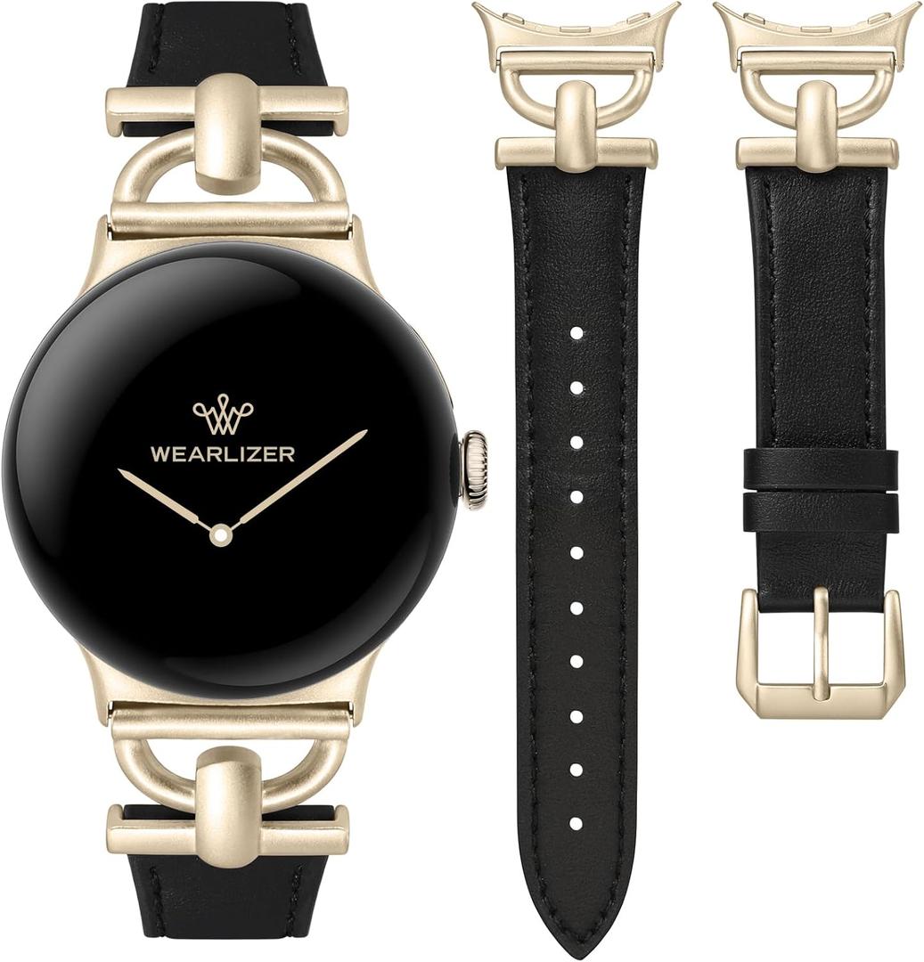 Wearlizer Leather Bands Compatible with Google Pixel Watch 4/3 41mm/Pixel Watch 2/1 Band Women, Dressy Designer Slim Leather Strap with D-Shape Metal Buckle for Pixel Smartwatch Accessories (Black/Champagne Gold)