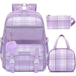 KEBEIXUAN Girls Backpack - 3PCS Cute Plaid School Bookbag Set for Ages 6-12 with Lunch Box & Pencil Case, Lightweight Multi-Pocket Daypack for Elementary, Travel (Purple)