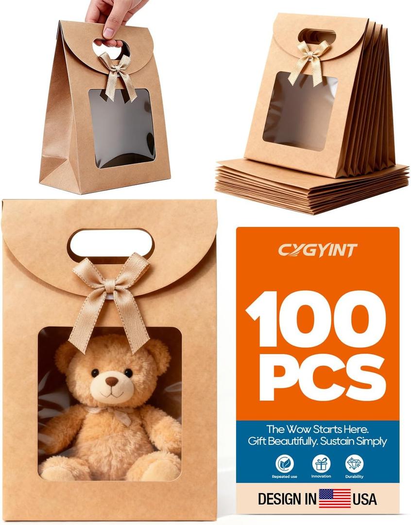 CYGYINT 100Pcs Brown Gift Bags with Clear Window 4.7''x2.4''x6.2'' Variety Stand Up Window Gift Bags with Handles for Candy, Cookies, Wedding Favors, Christmas Party, Retail Packaging