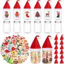 CIEOVO 12 Set Christmas Party Plastic Mason Jars Mini Santa Hat and Christmas Theme Vinyl Waterproof Stickerss 12 oz Clear Plastic Jars with Lids for Xmas Party Home Candies Cookies Storage Crafts
