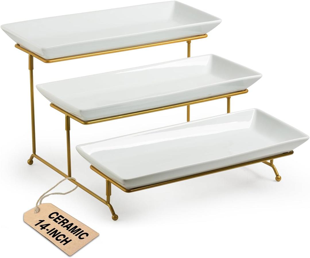 LAUCHUH Large 3 Tier Serving Stand Tiered Serving Trays Collapsible Sturdier Rack with 3 Porcelain Serving Platters for Fruit Dessert Presentation Valentine's Day Christmas Party Display Set, 14 Inch (Gold)