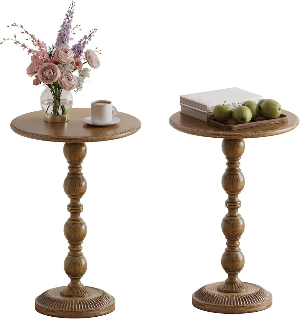 Small Round Metal Side Table, Lightweight Decorative Drink Table with Vintage Roman Column, Retro Distressed Accent Table for Living Room, Bedroom, Corners (2, Antique Gold)