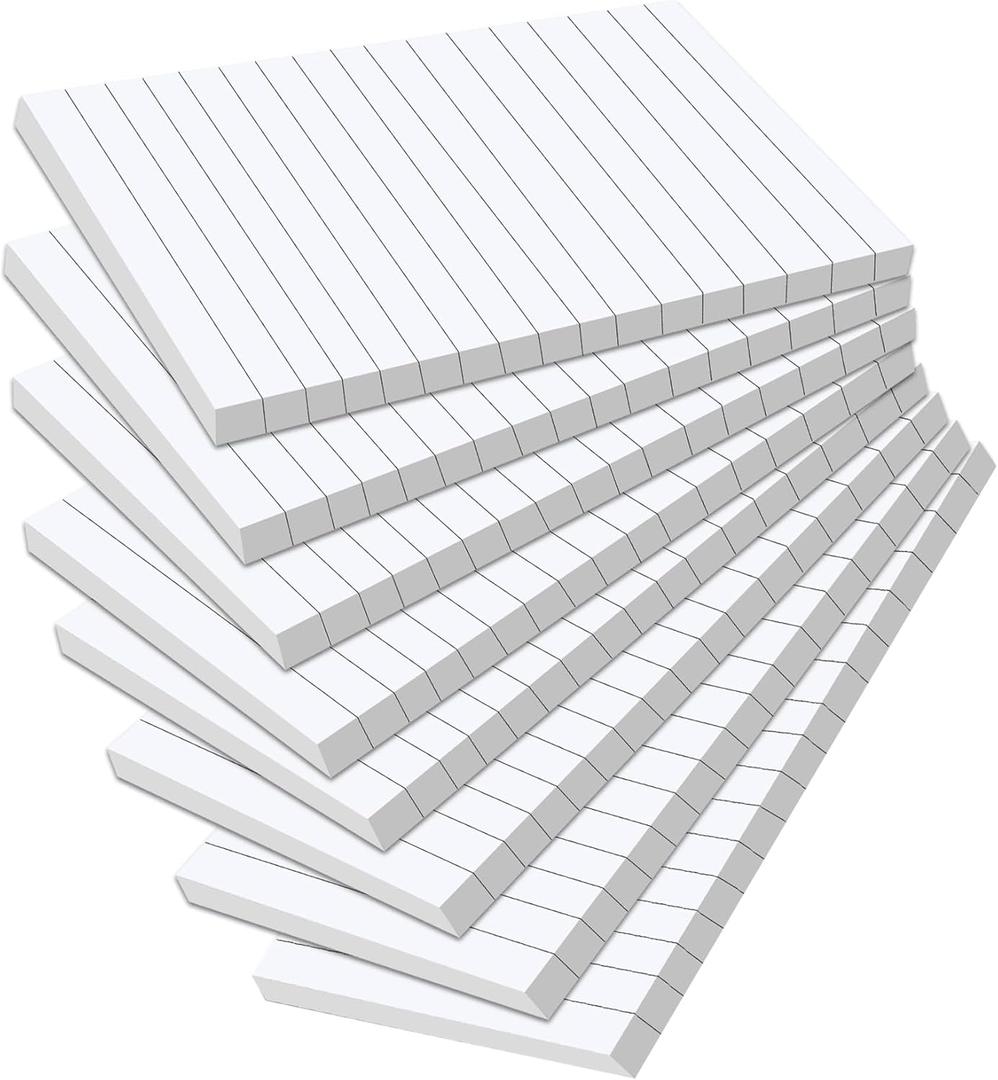Pack of 400 Sticky Notes White,Lined Self-Adhesive Notes 100 x 150 mm, Sticky Note Pads with Lines, Large Lined Sticky Notes for Marking Pages for Office, Study, Home, 8 Pack/400 Sheets